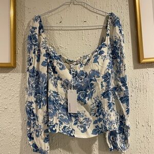 Reformation White and Blue Floral Blouse